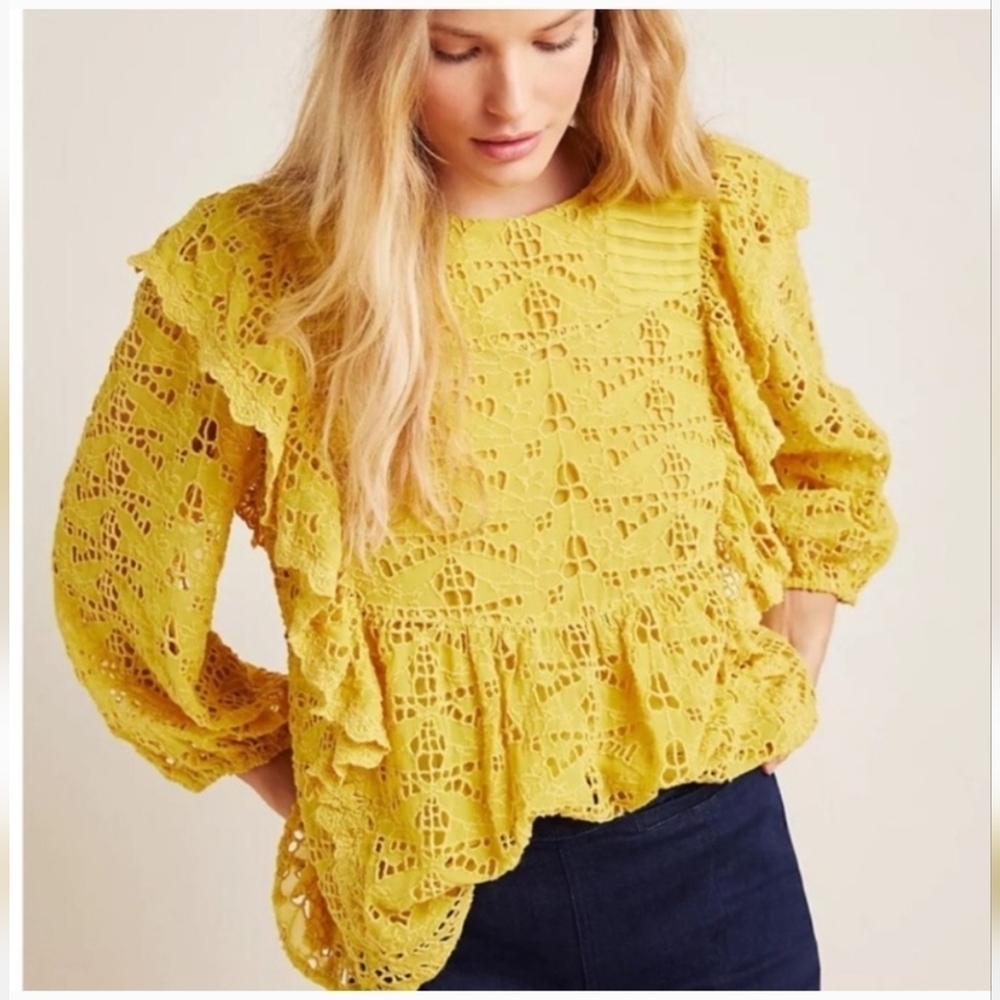 Anthropologie Mustard Lace Ruffle Blouse